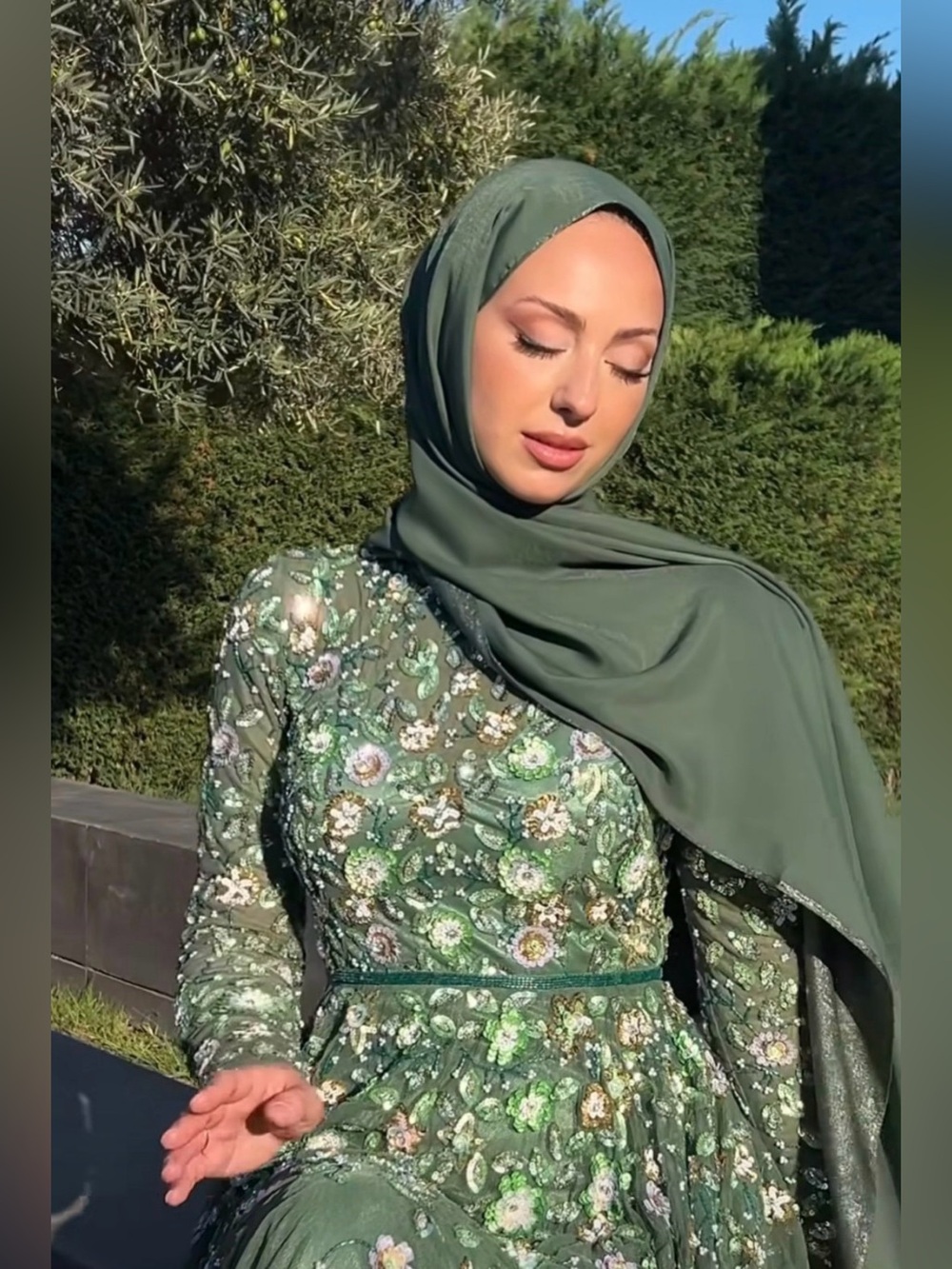Green Embroidered Modest Dress